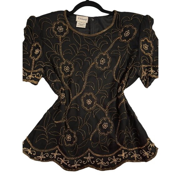 Vintage Sténay Black & Gold Silk Beaded Blouse XL - Picture 11 of 15